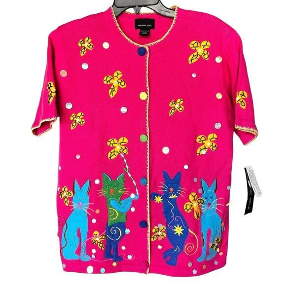 MORGAN COLE VTG Pink button up cardigan cat kitty dopamine funky quirky NWT s - Picture 1 of 9